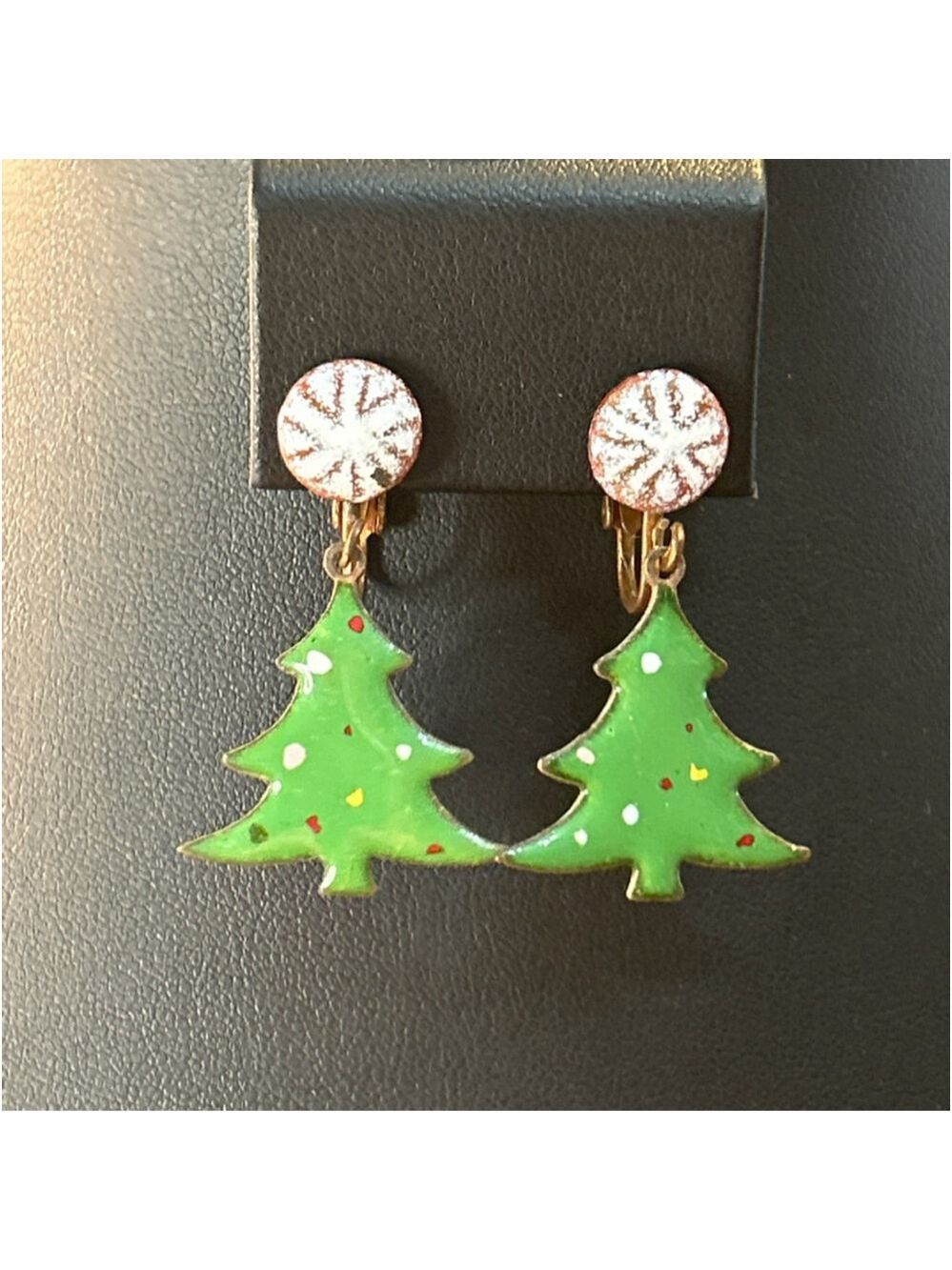Vintage enameled Copper Clip-on Christmas Tree Earrings Green/White One Size